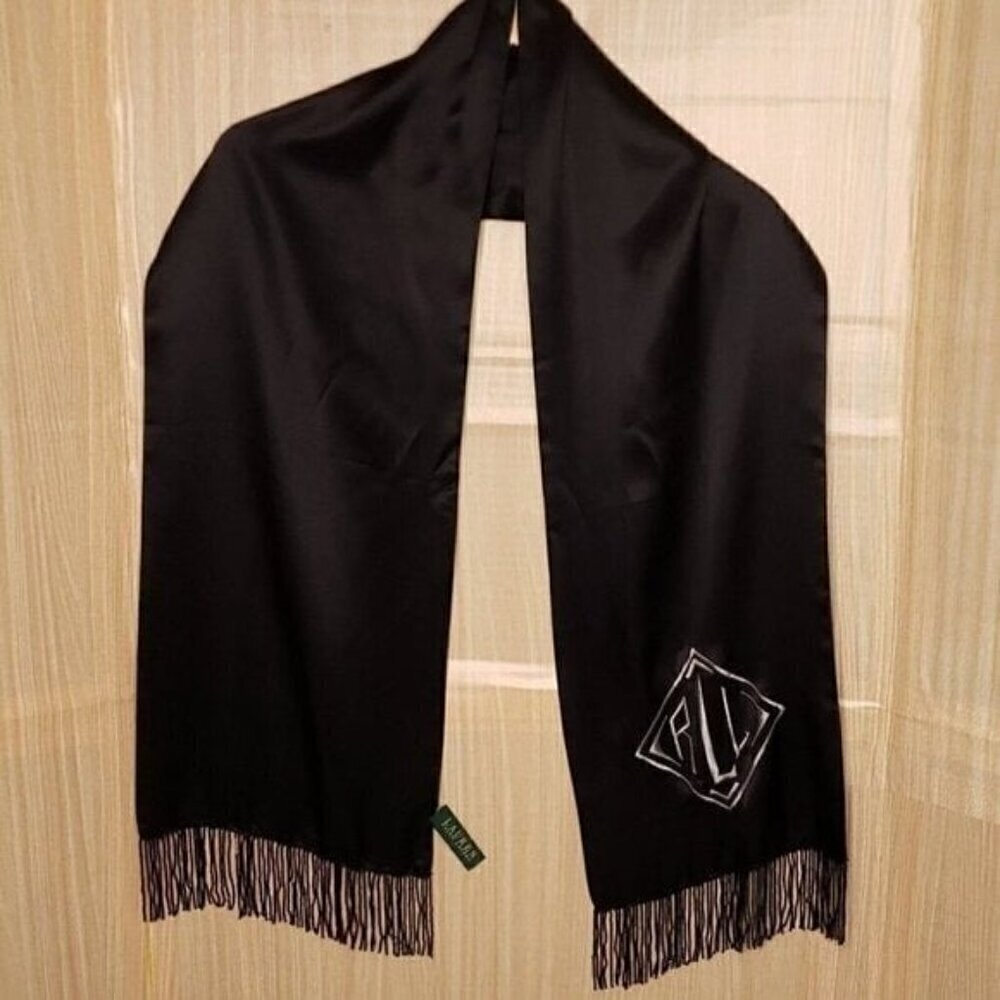 Lauren Ralph Lauren Womens Black Silk Scarf Beaded Trim